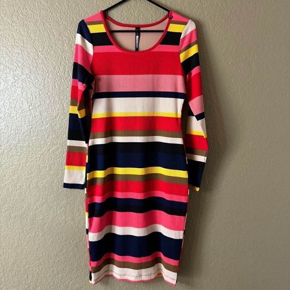 Plenty By Tracy Reese Women's M Long Sleeve Ribbed Henley Dress Colorful Stripes